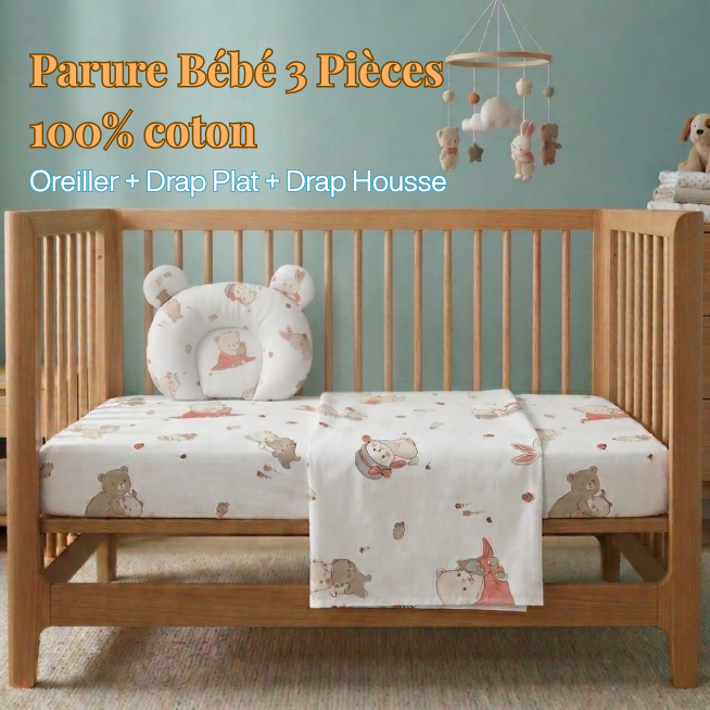 Série Bébé 100% COTON (Drap plat + Drap housse + Oreiller)