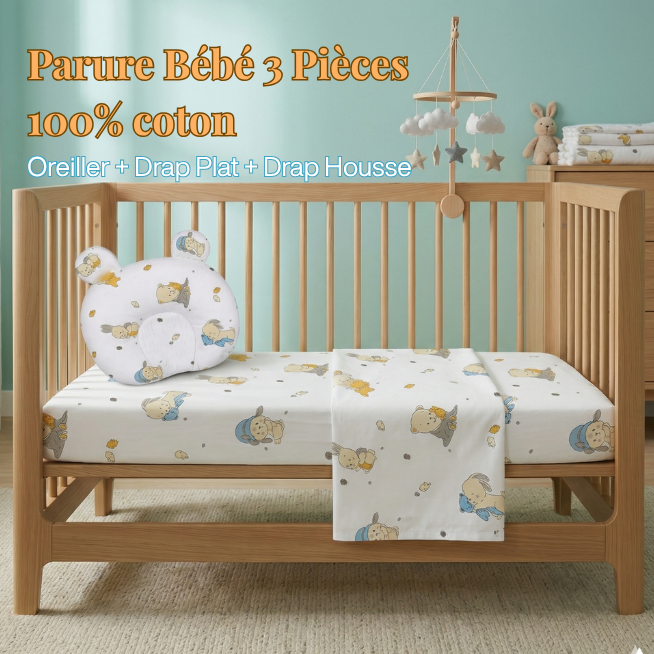 Série Bébé 100% COTON (Drap plat + Drap housse + Oreiller)