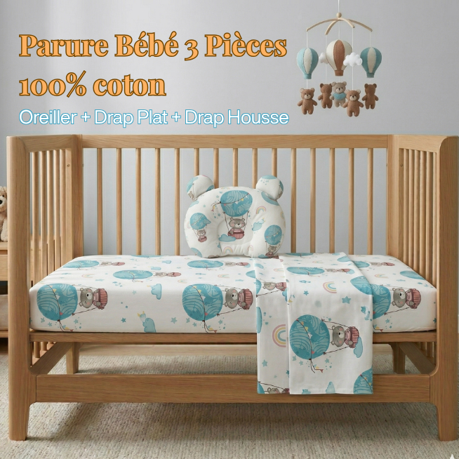 Série Bébé 100% COTON (Drap plat + Drap housse + Oreiller)